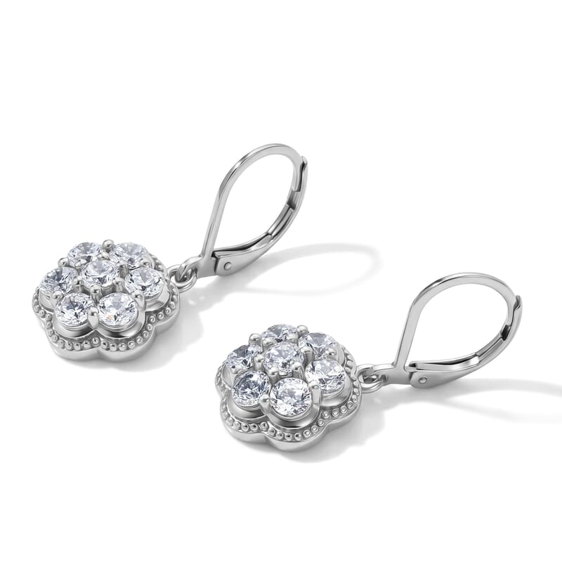 EverTrue Simulated Diamond Crown Blossom Cluster Earrings in Platinum Bond