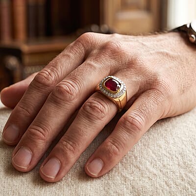 D'Joy Niassa Ruby (FF) and Moissanite 5.60 ctw Men's Ring in 18K Vermeil Yellow Gold Over Sterling Silver (Size 10.0)