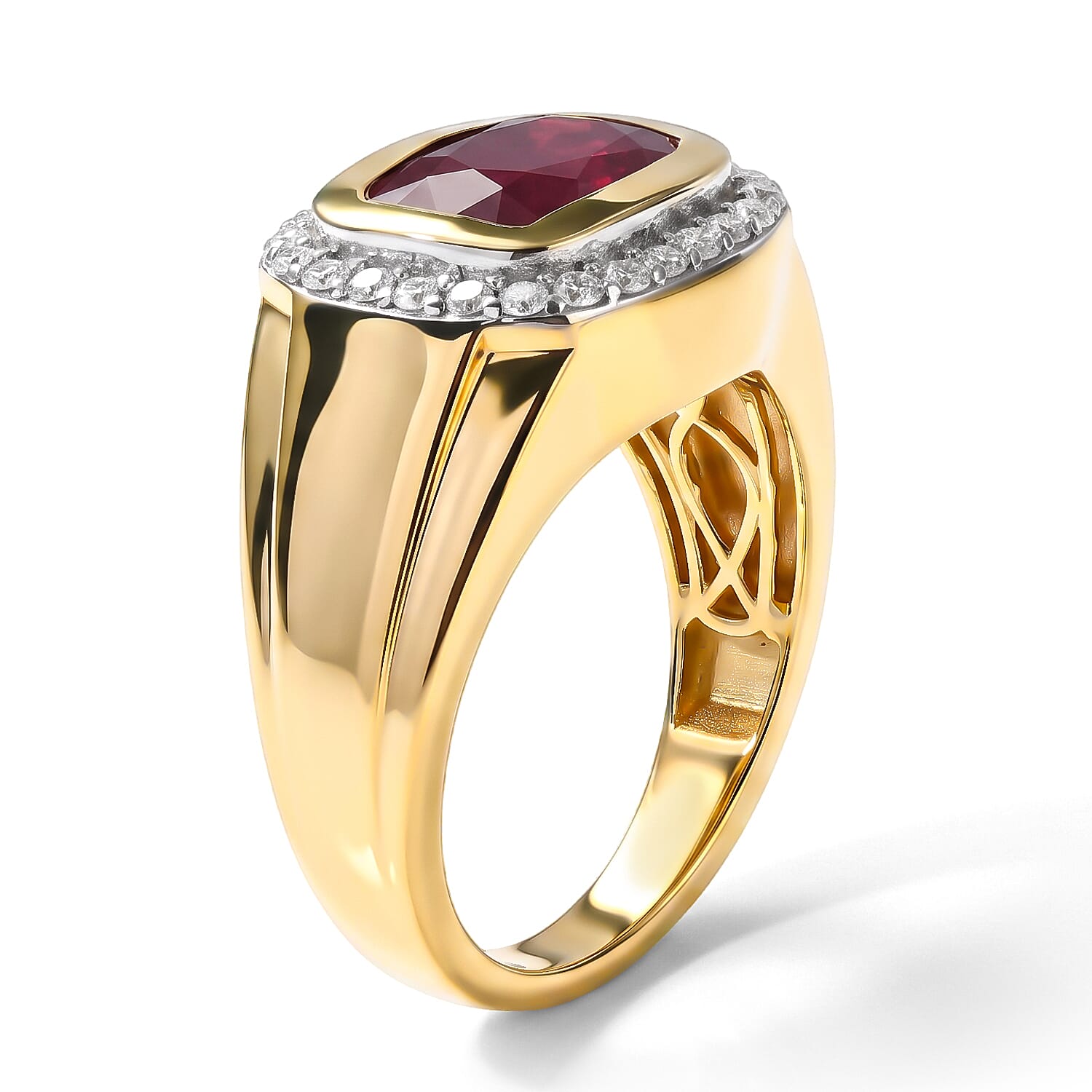 D'Joy Niassa Ruby (FF) and Moissanite 5.60 ctw Men's Ring in 18K Vermeil Yellow Gold Over Sterling Silver (Size 11.0)