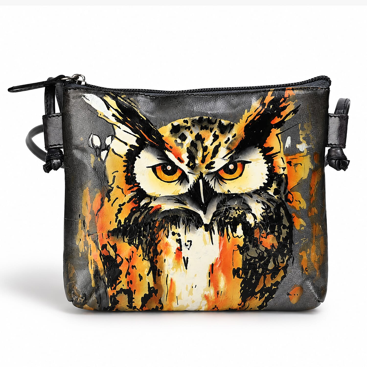 La Marey Gray Artisan Owl Print Genuine Leather Crossbody Bag