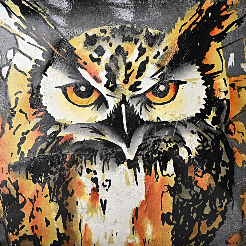 La Marey Gray Artisan Owl Print Genuine Leather Crossbody Bag