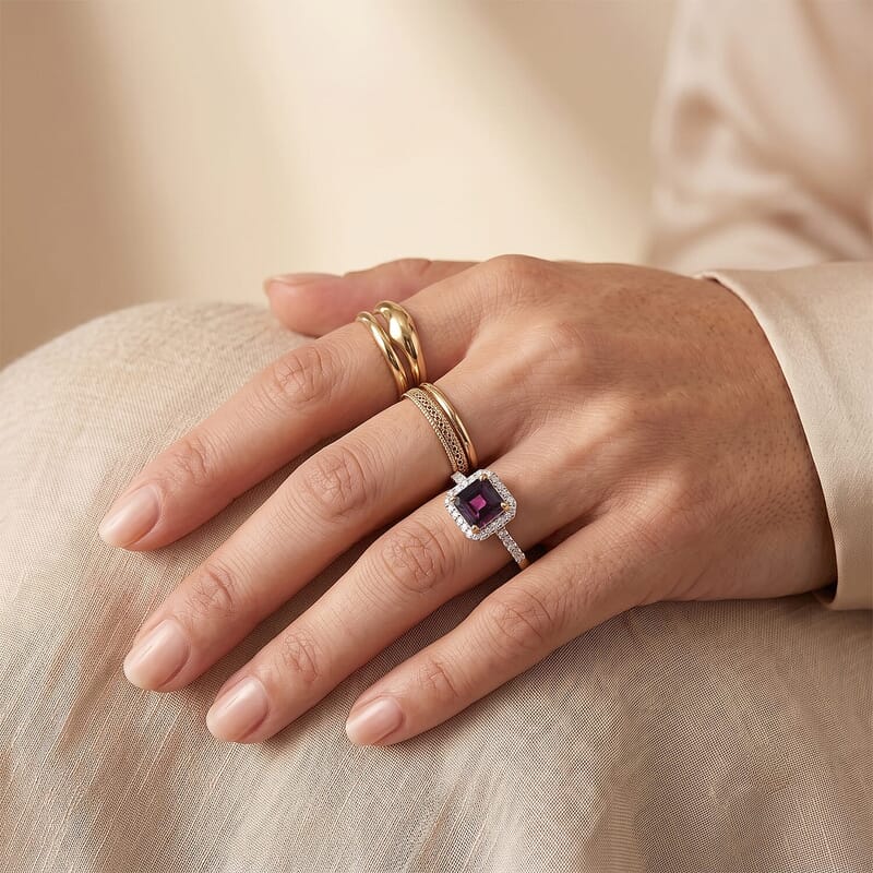 AAA Radiant Ember Garnet and Lab Grown Diamond G-H SI 1.50 ctw Ring in 10K Yellow Gold (Size  6.0)