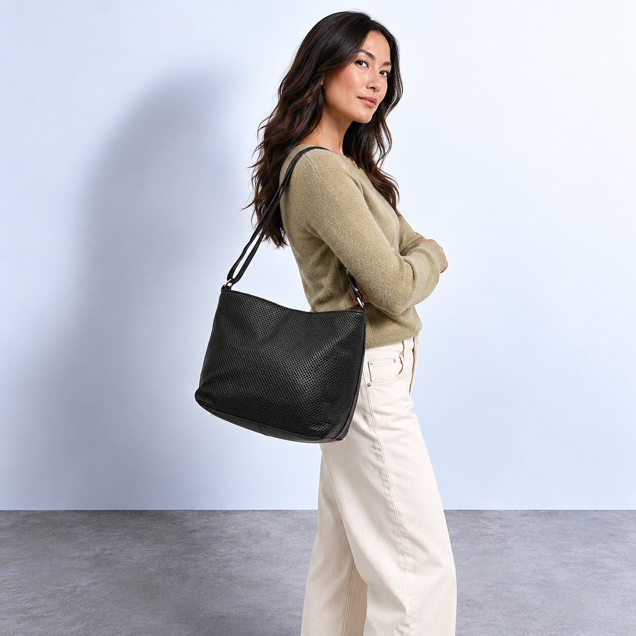 La Marey Black 100% Genuine Leather Perforated Shoulder Bag