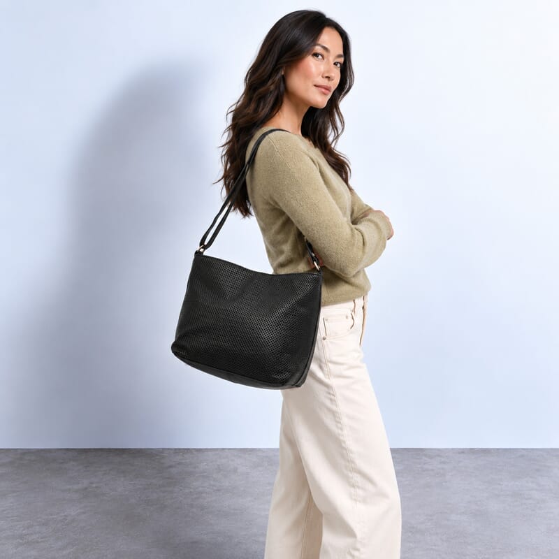 La Marey Black 100% Genuine Leather Perforated Shoulder Bag