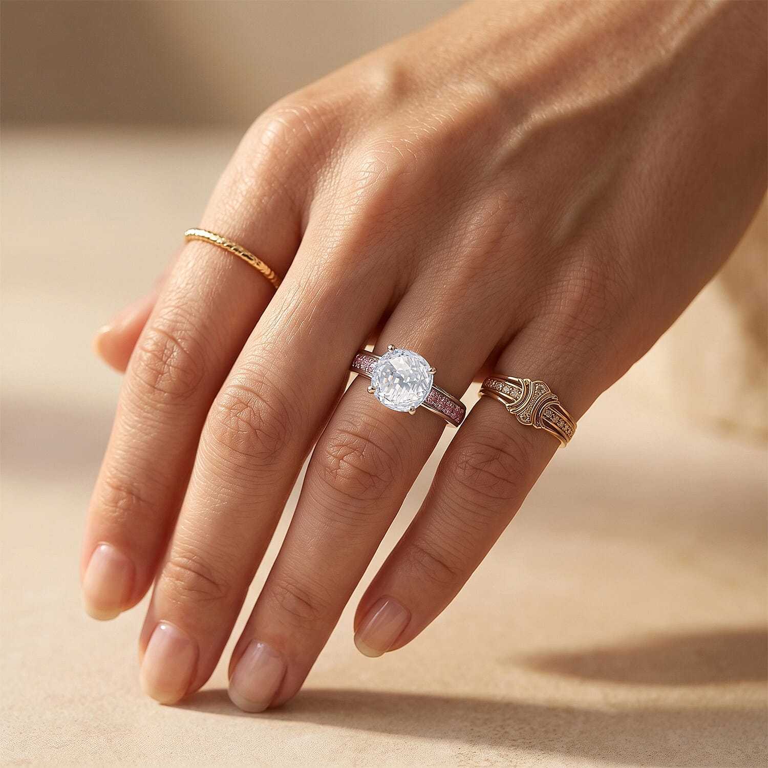 EverTrue Simulated White and Pink Diamond Ring in Platinum Bond (Size 5.0)