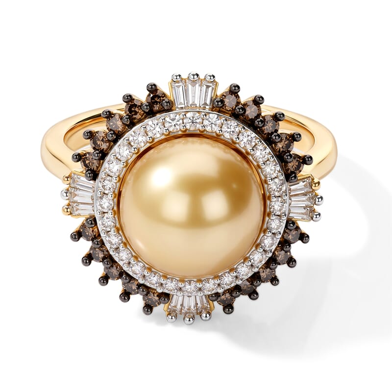 D'Joy Premium Golden South Sea Cultured Pearl, Champagne and White Diamond 0.50 ctw Ring in 18K Vermeil Yellow Gold Over Sterling Silver (Size 6.0)