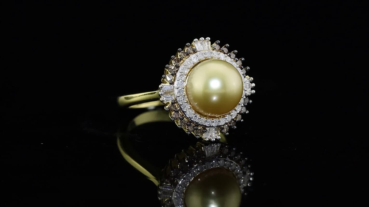 D'Joy Premium Golden South Sea Cultured Pearl (9-11mm), Champagne and White Diamond Ring in 18K Vermeil YG Over Sterling Silver (Size 6.0) 0.50 ctw