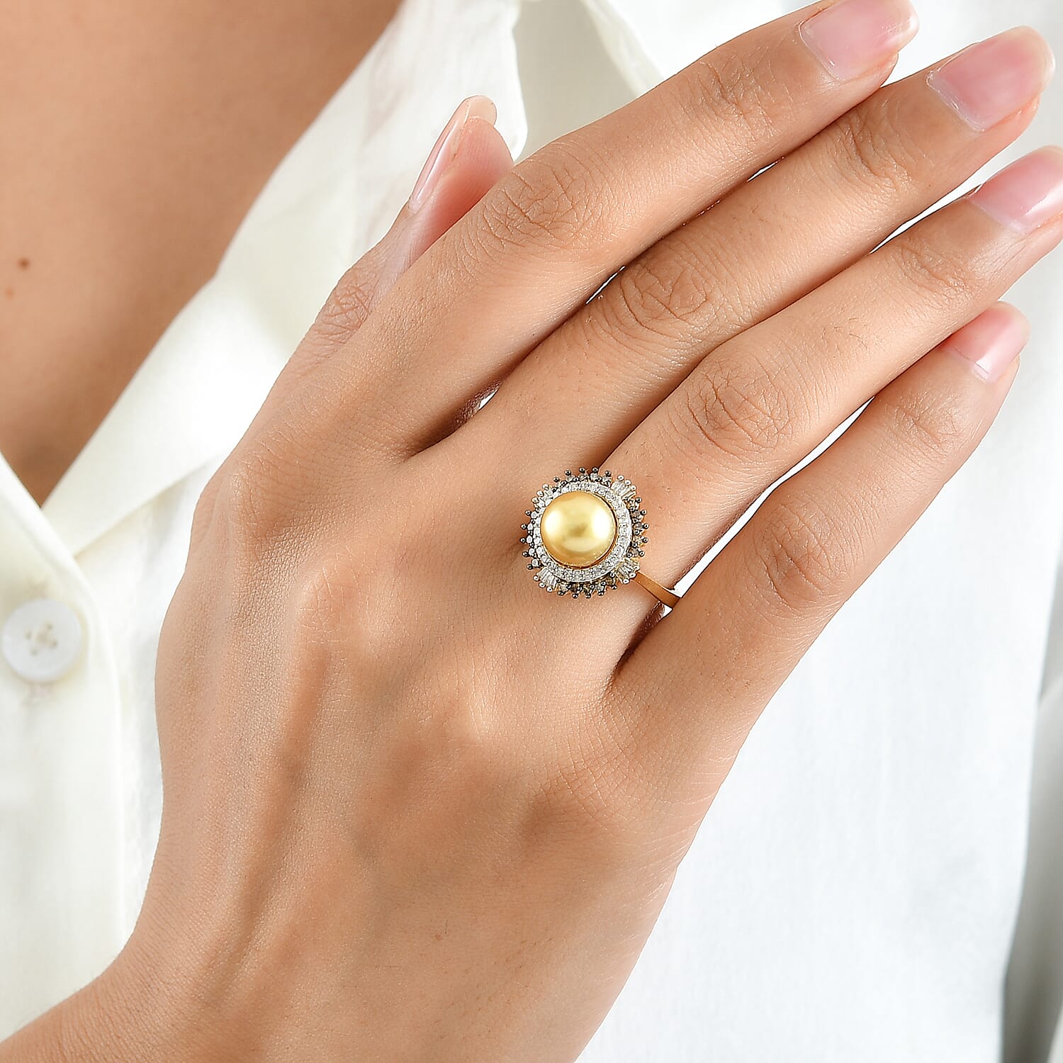 D'Joy Premium Golden South Sea Cultured Pearl, Champagne and White Diamond 0.50 ctw Ring in 18K Vermeil Yellow Gold Over Sterling Silver (Size 6.0)