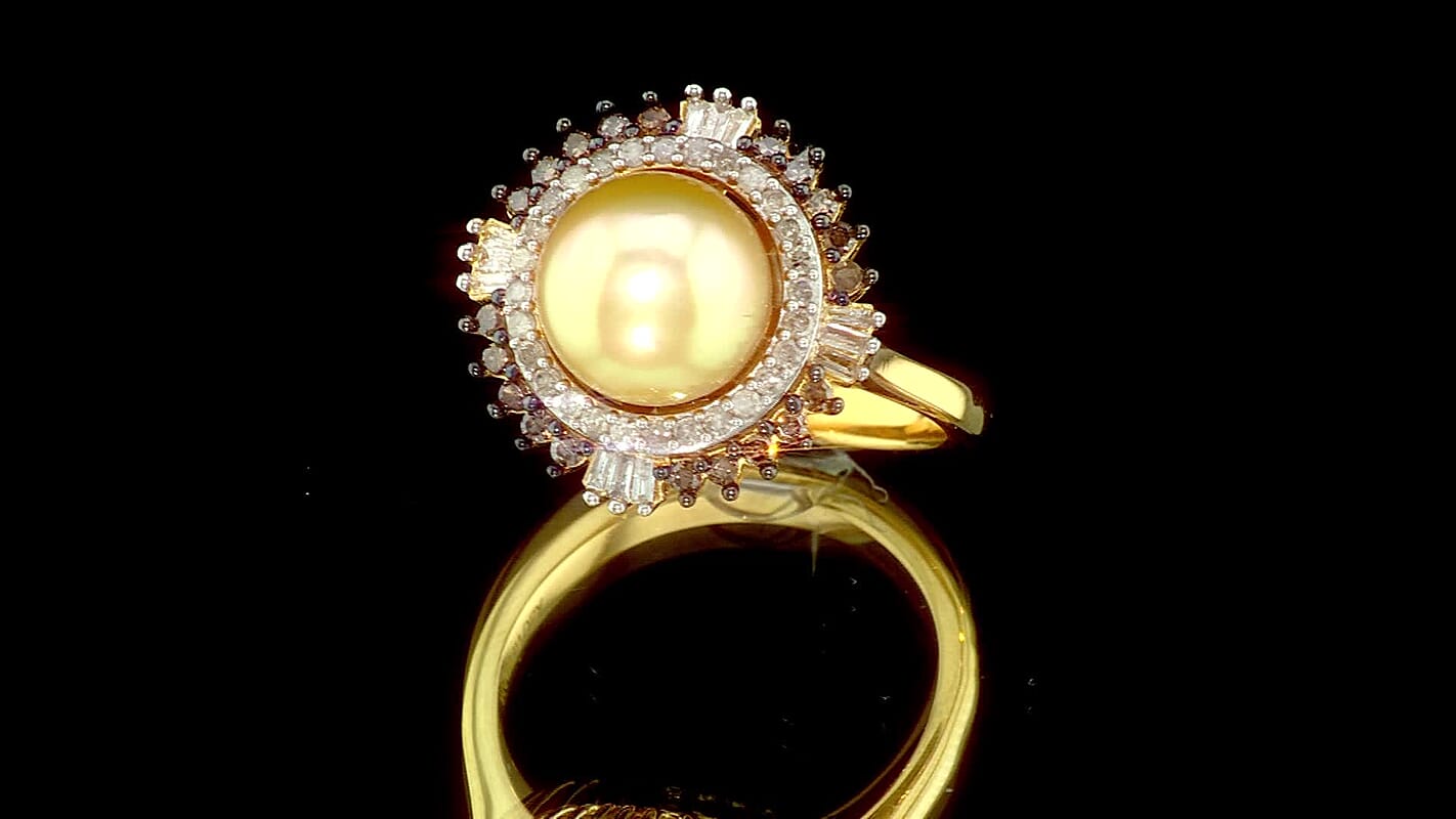 D'Joy Premium Golden South Sea Cultured Pearl (9-11mm), Champagne and White Diamond Ring in 18K Vermeil YG Over Sterling Silver (Size 6.0) 0.50 ctw