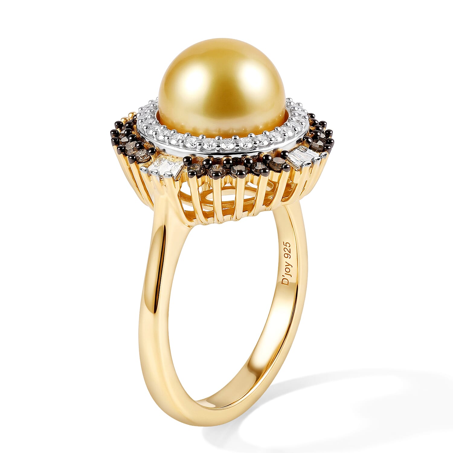 D'Joy Premium Golden South Sea Cultured Pearl, Champagne and White Diamond 0.50 ctw Ring in 18K Vermeil Yellow Gold Over Sterling Silver (Size 6.0)