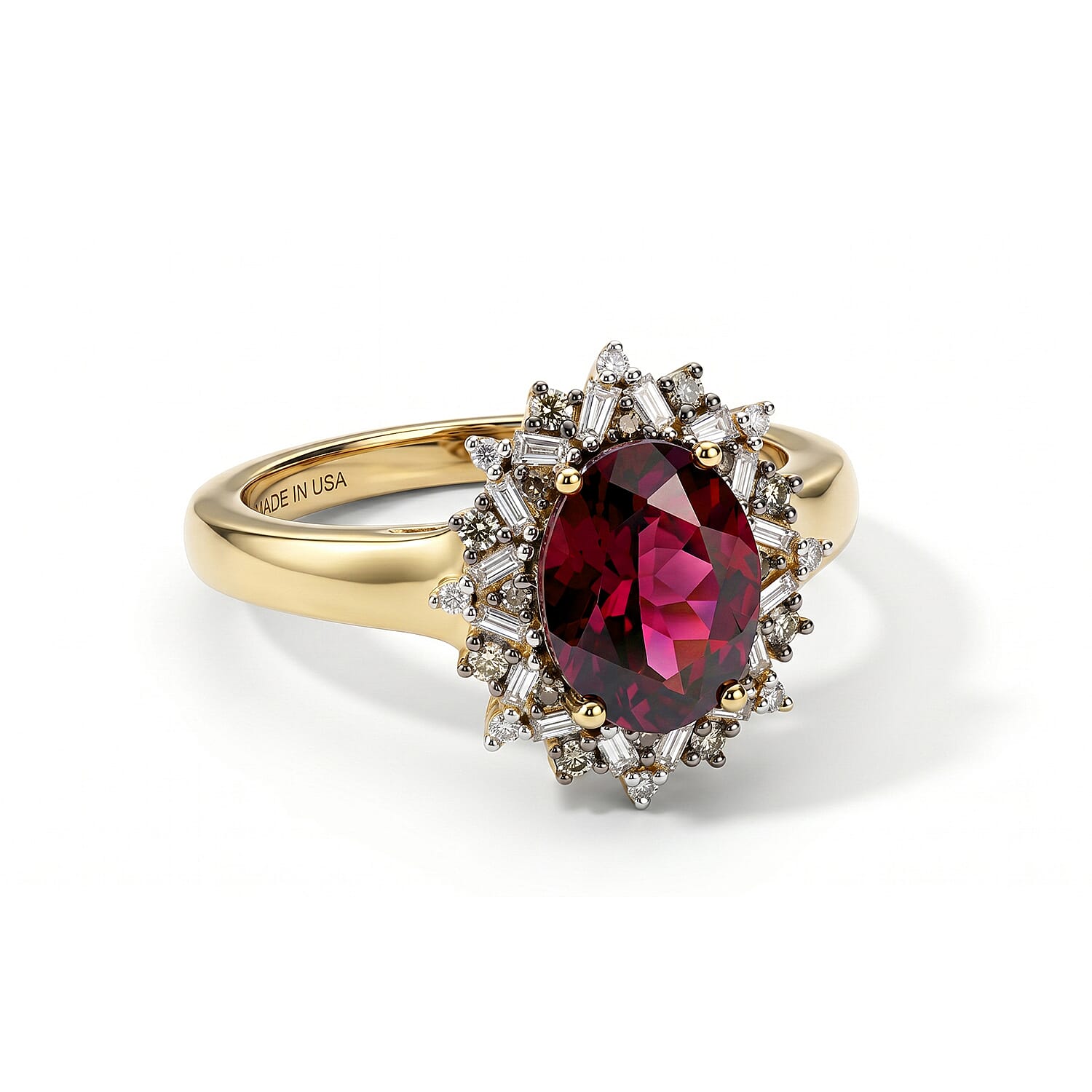 D'Joy Premium Orissa Rhodolite Garnet, Natural Champagne and White Diamond (0.25 cts) Berry Sunburst Ring in 18K Vermeil YG Over Sterling Silver (Size 10.0) 2.60 ctw