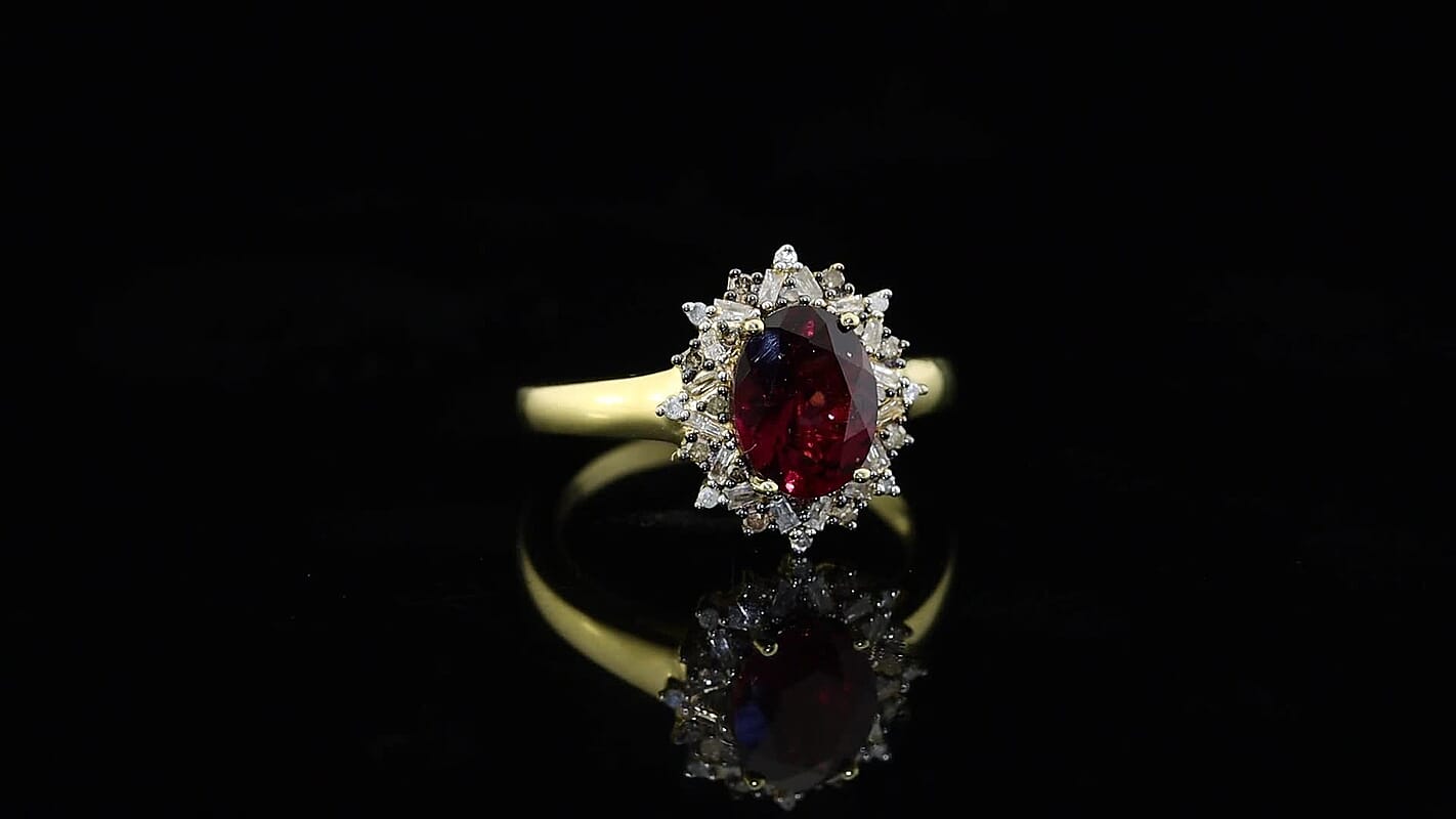 D'Joy Premium Orissa Rhodolite Garnet, Natural Champagne and White Diamond (0.25 cts) Berry Sunburst Ring in 18K Vermeil YG Over Sterling Silver (Size 10.0) 2.60 ctw