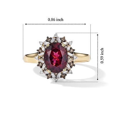 D'Joy Premium Orissa Rhodolite Garnet, Natural Champagne and White Diamond 2.60 ctw Berry Sunburst Ring in 18K Vermeil Yellow Gold Over Sterling Silver (Size 5.0)