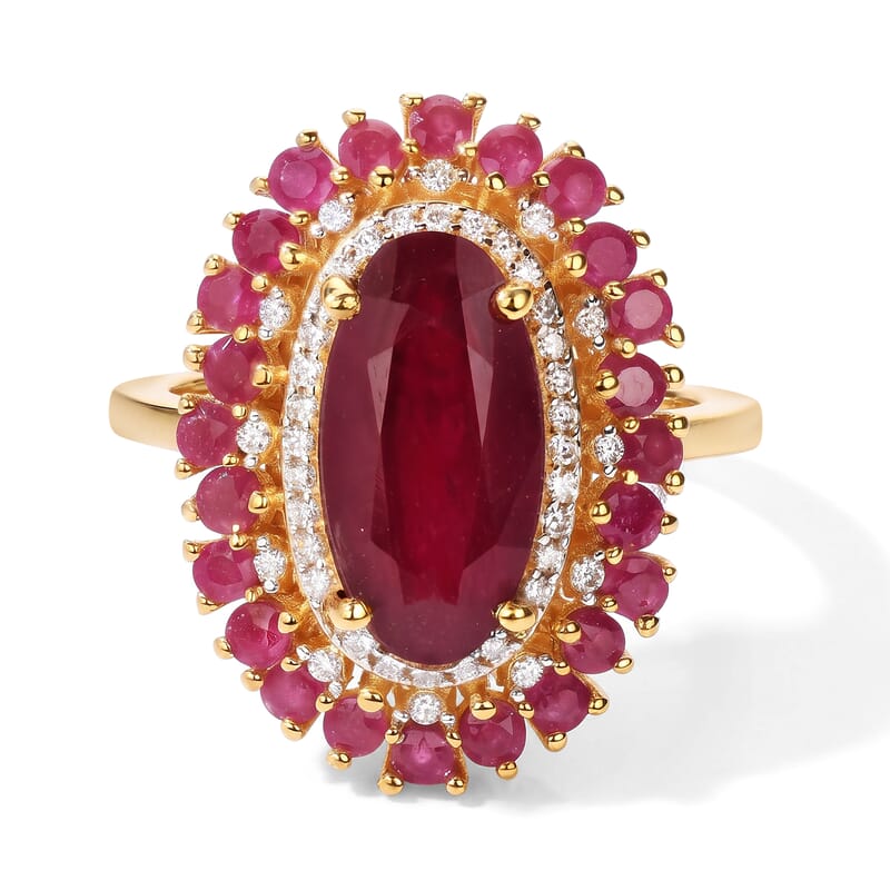 D'Joy Niassa Ruby (FF) and Moissanite 7.40 ctw Firecracker Bloom Ring in 18K Vermeil Yellow Gold Over Sterling Silver (Size 7.0)