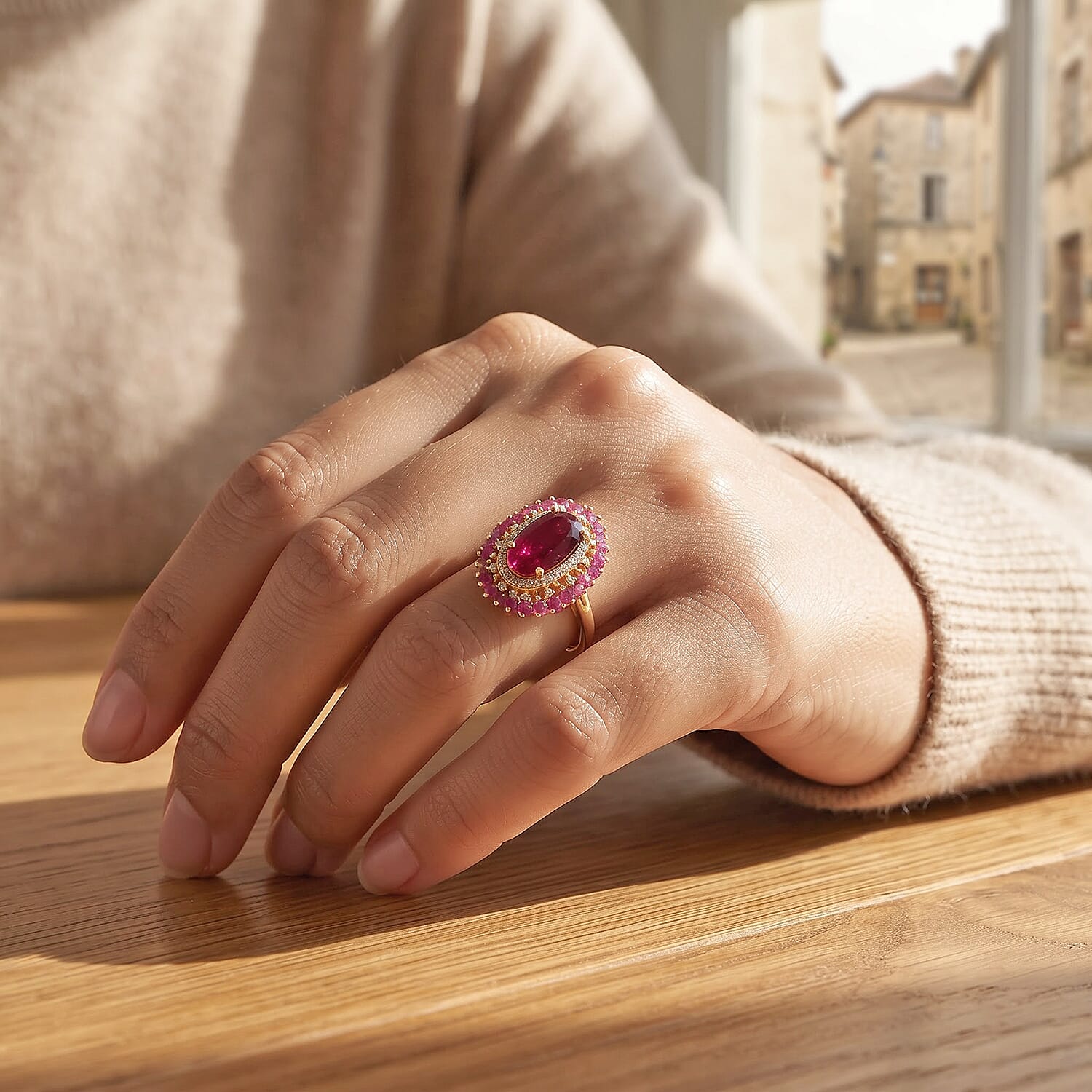 D'Joy Niassa Ruby (FF) and Moissanite 7.40 ctw Firecracker Bloom Ring in 18K Vermeil Yellow Gold Over Sterling Silver (Size 7.0)