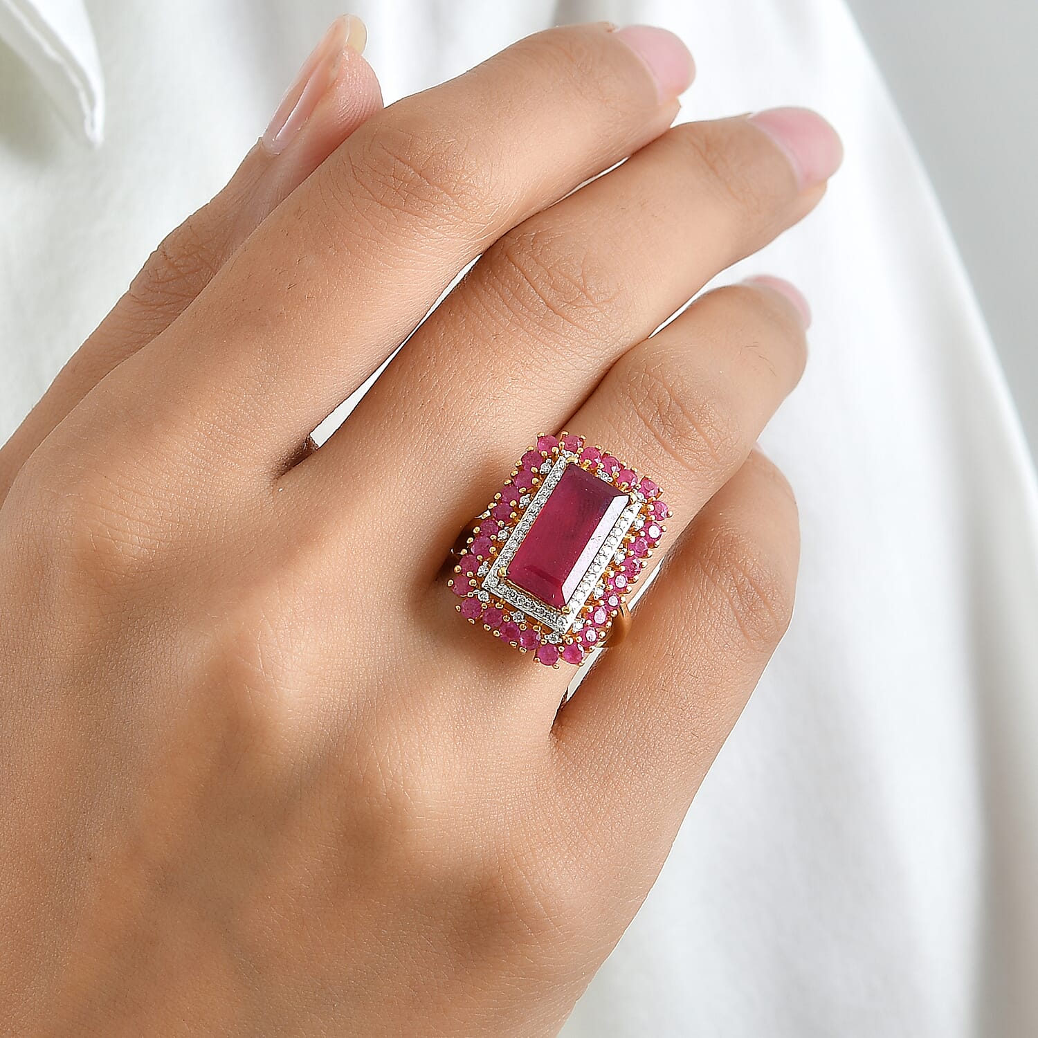 D'Joy Niassa Ruby (FF) and Moissanite 9.00 ctw Firecracker Bloom Ring in 18K Vermeil Yellow Gold Over Sterling Silver (Size 6.0)