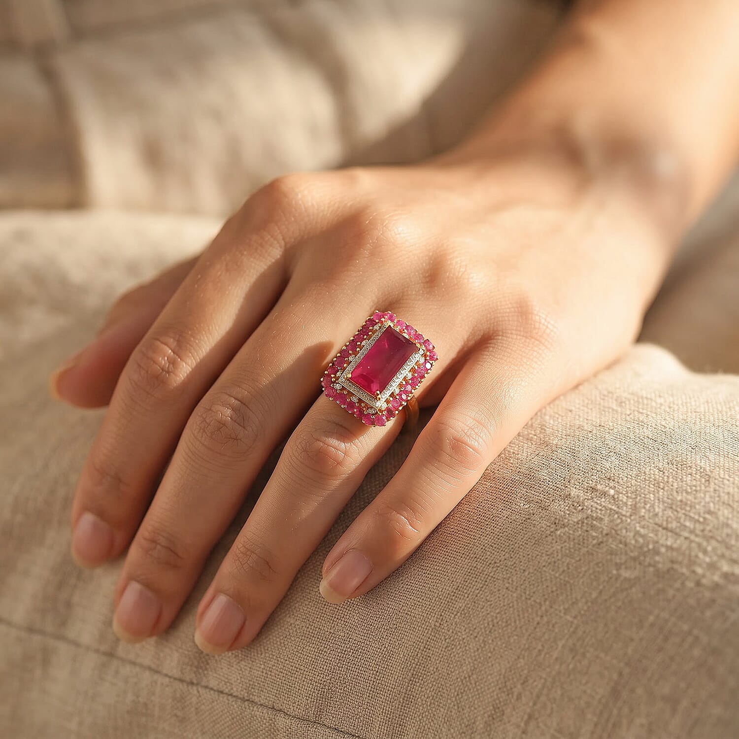 D'Joy Niassa Ruby (FF) and Moissanite 9.00 ctw Firecracker Bloom Ring in 18K Vermeil Yellow Gold Over Sterling Silver (Size 6.0)