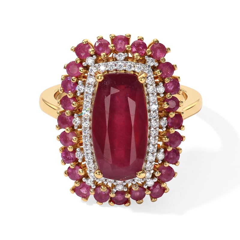 D'Joy Niassa Ruby (FF) and Moissanite 7.65 ctw Firecracker Bloom Ring in 18K Vermeil Yellow Gold Over Sterling Silver (Size 6.0)