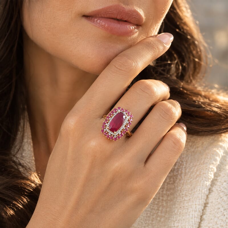 D'Joy Niassa Ruby (FF) and Moissanite 7.65 ctw Firecracker Bloom Ring in 18K Vermeil Yellow Gold Over Sterling Silver (Size 6.0)