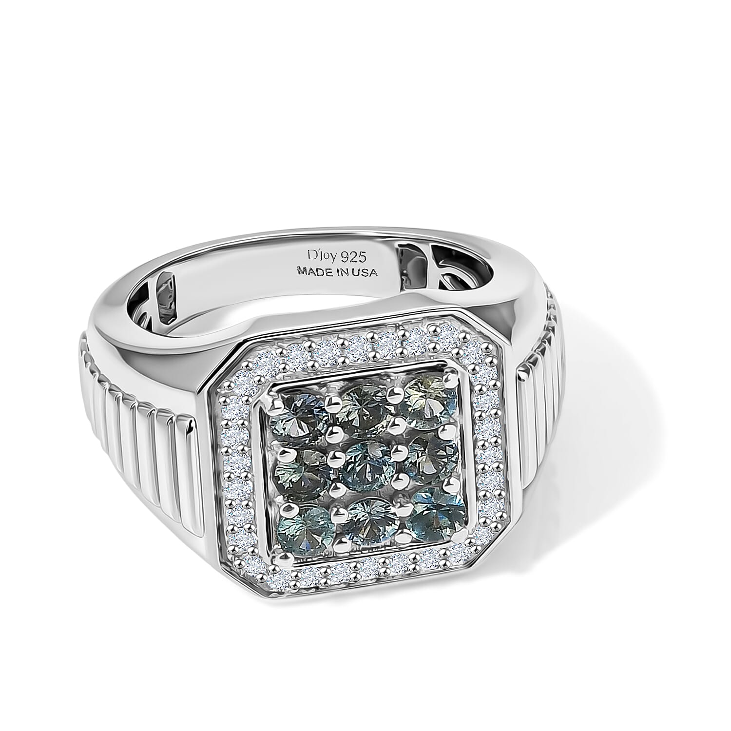 D'Joy Montana Sapphire and White Zircon 2.20 ctw Men's Ring in Rhodium Over Sterling Silver (Size 10.0)