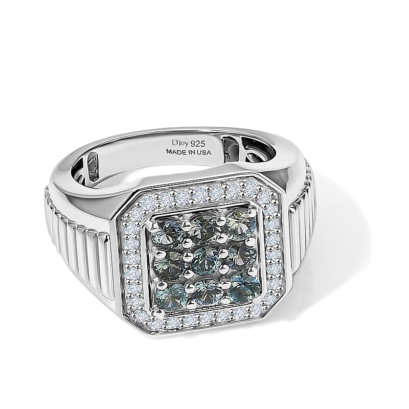 D'Joy Montana Sapphire and White Zircon 2.20 ctw Men's Ring in Rhodium Over Sterling Silver (Size 10.0)