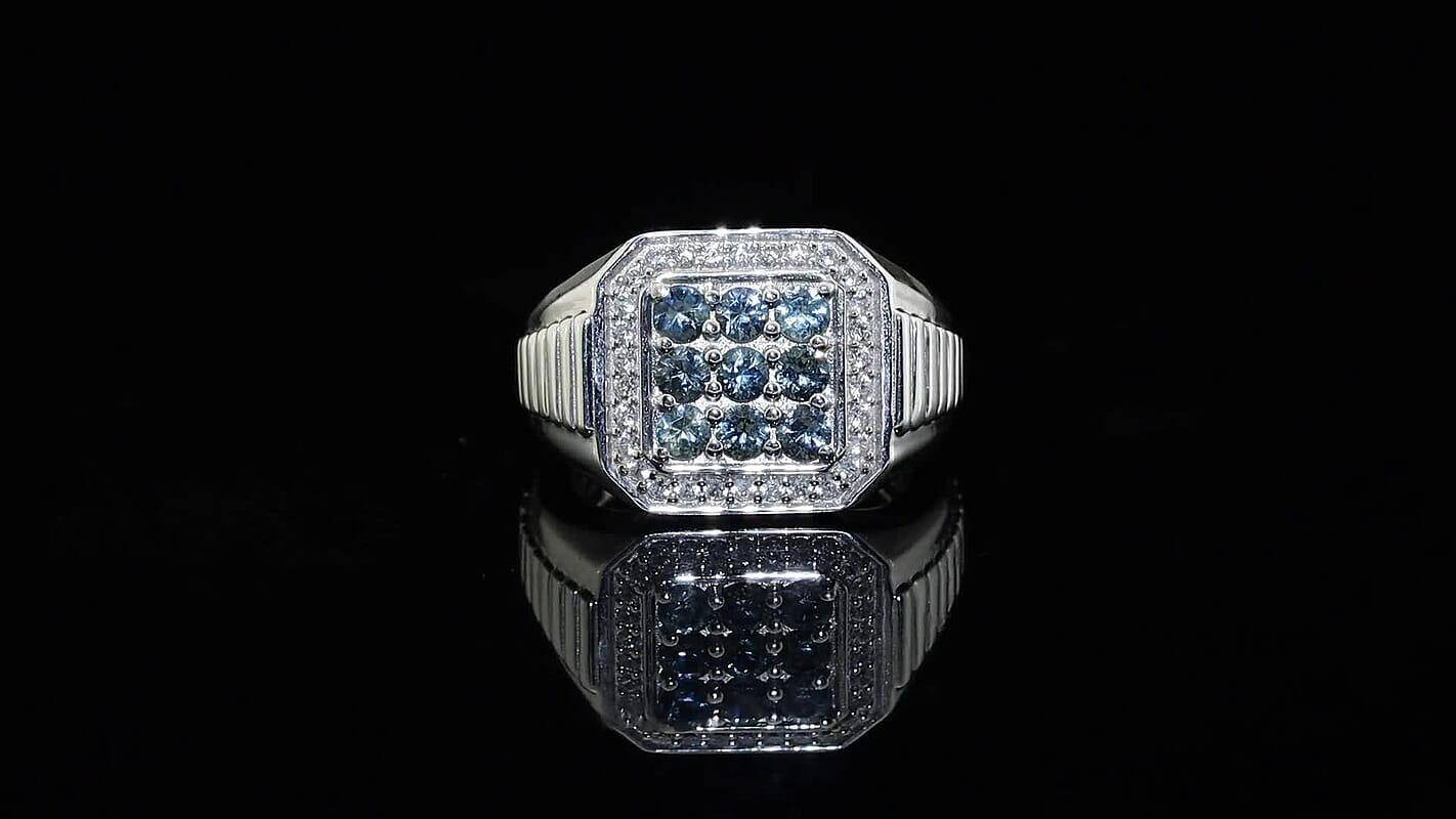 D'Joy Montana Sapphire, White Zircon Men's Ring in Rhodium Over Sterling Silver (Size 10.0) 2.20 ctw