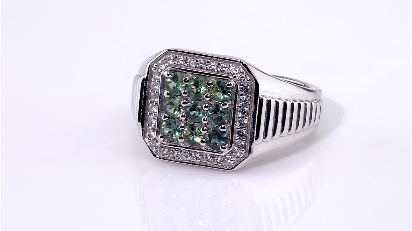 D'Joy Montana Sapphire, White Zircon Men's Ring in Rhodium Over Sterling Silver (Size 10.0) 2.20 ctw