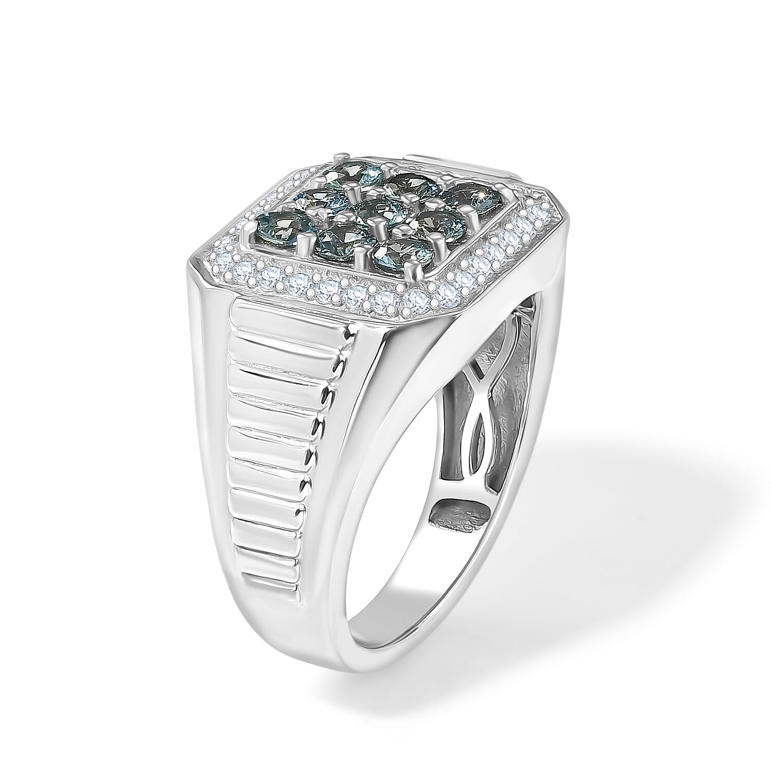 D'Joy Montana Sapphire and White Zircon 2.20 ctw Men's Ring in Rhodium Over Sterling Silver (Size 10.0)