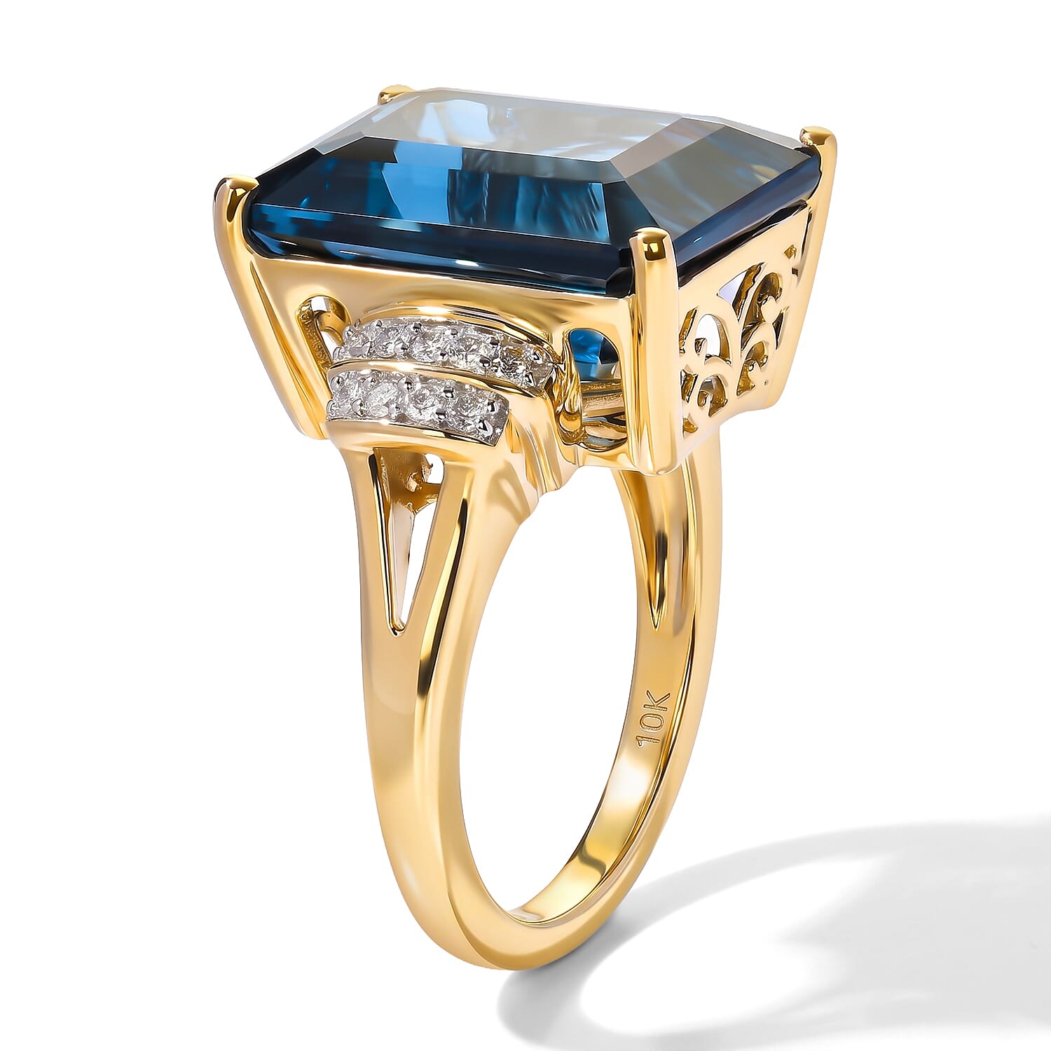 Luxoro Premium London Blue Topaz and Diamond I2 14.20 ctw Blue Dynasty Ring in 10K Yellow Gold (Size 6.0)