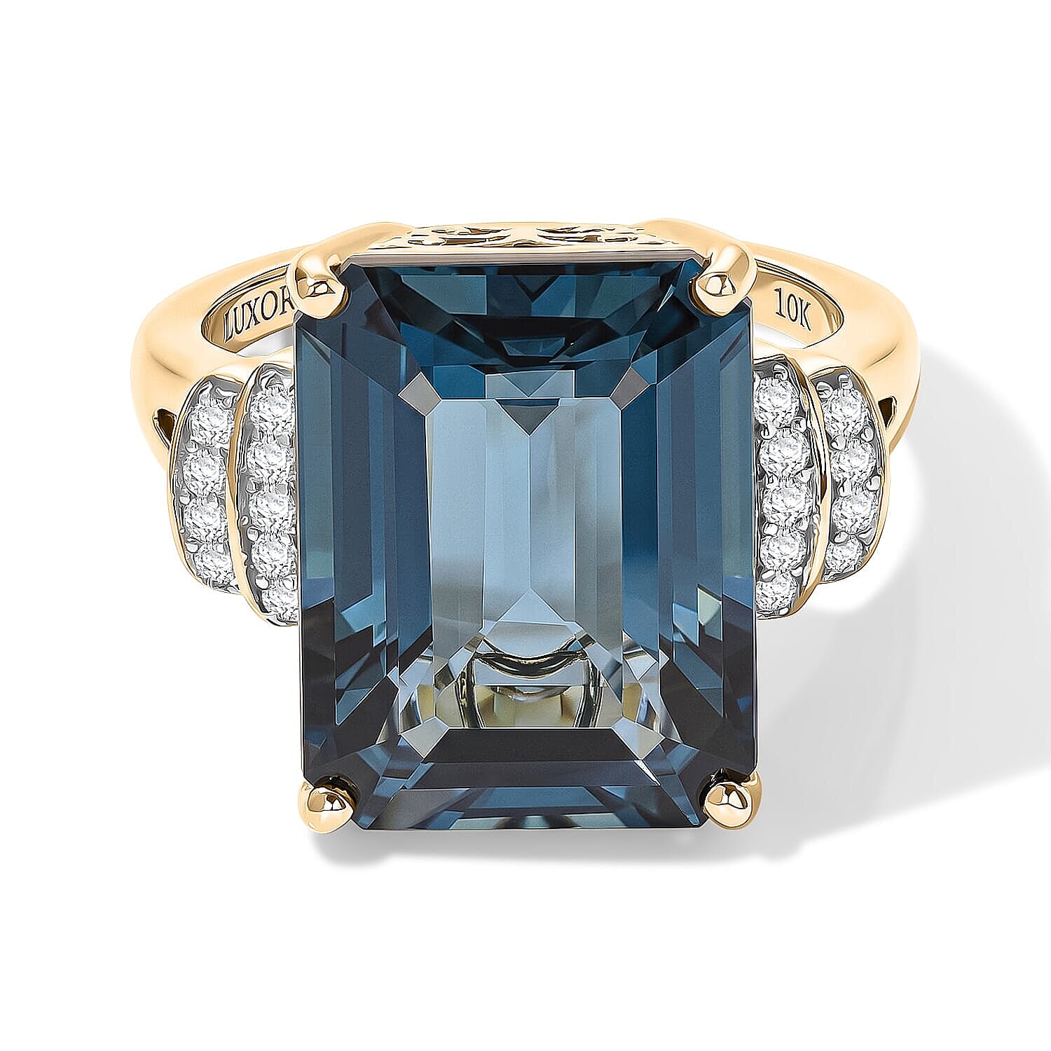 Luxoro 10K Yellow Gold Premium London Blue Topaz, Diamond (I2) Ring (Size 6.0) 14.20 ctw