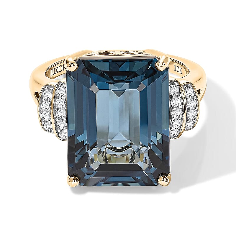 Luxoro Premium London Blue Topaz and Diamond I2 14.20 ctw Blue Dynasty Ring in 10K Yellow Gold (Size 7.0) 5.0 Grams