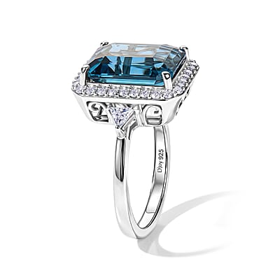 D'Joy London Blue Topaz and Moissanite 7.85 ctw Ring in Rhodium Over Sterling Silver (Size 6.0)