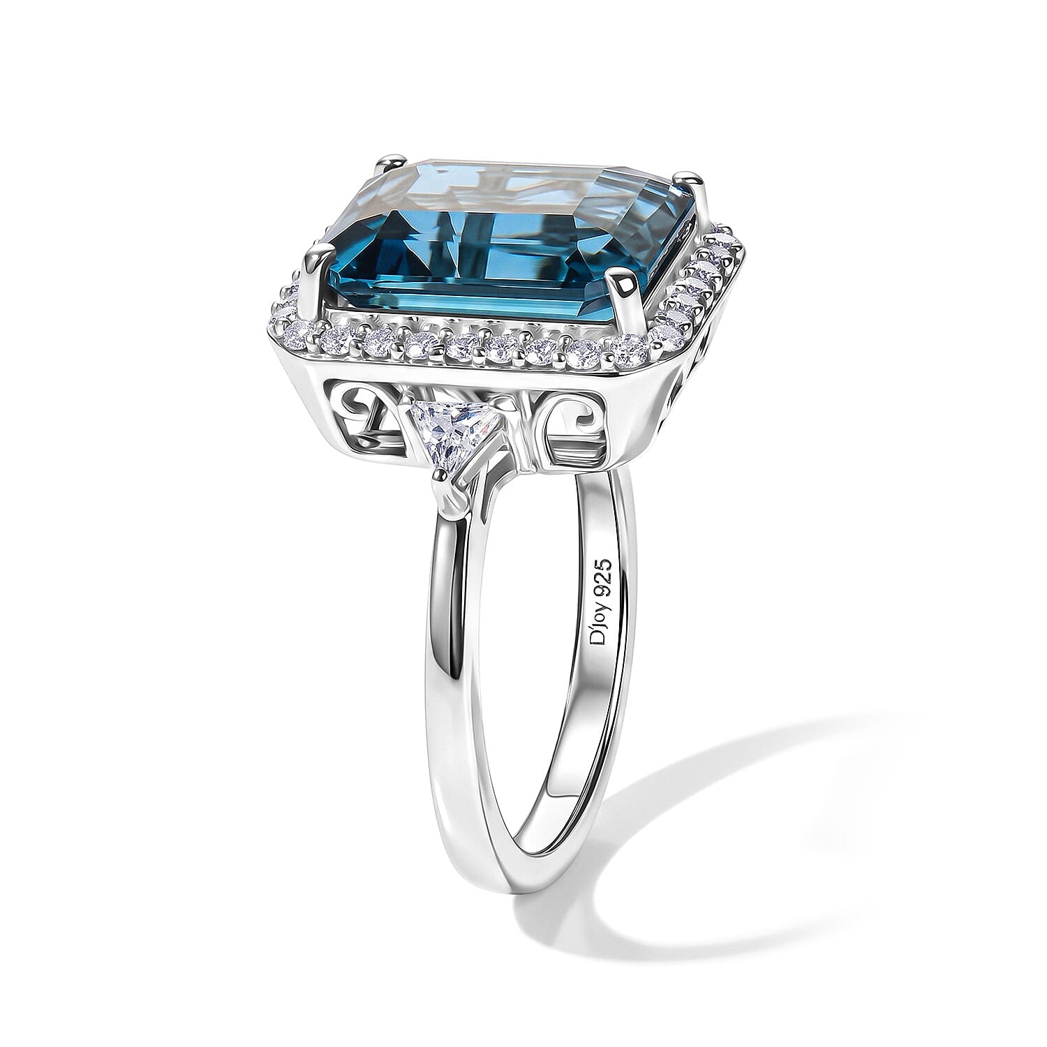 D'Joy London Blue Topaz and Moissanite 7.85 ctw Regal Crown Ring in Rhodium Over Sterling Silver (Size 7.0)