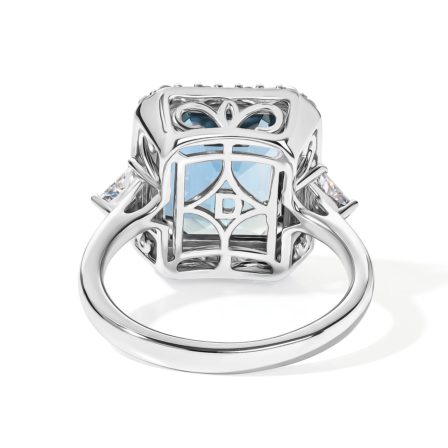 D'Joy London Blue Topaz and Moissanite 7.85 ctw Regal Crown Ring in Rhodium Over Sterling Silver (Size 7.0)
