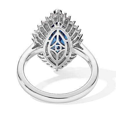 D'Joy London Blue Topaz and Moissanite 3.80 ctw Ring in Rhodium Over Sterling Silver (Size 6.0)