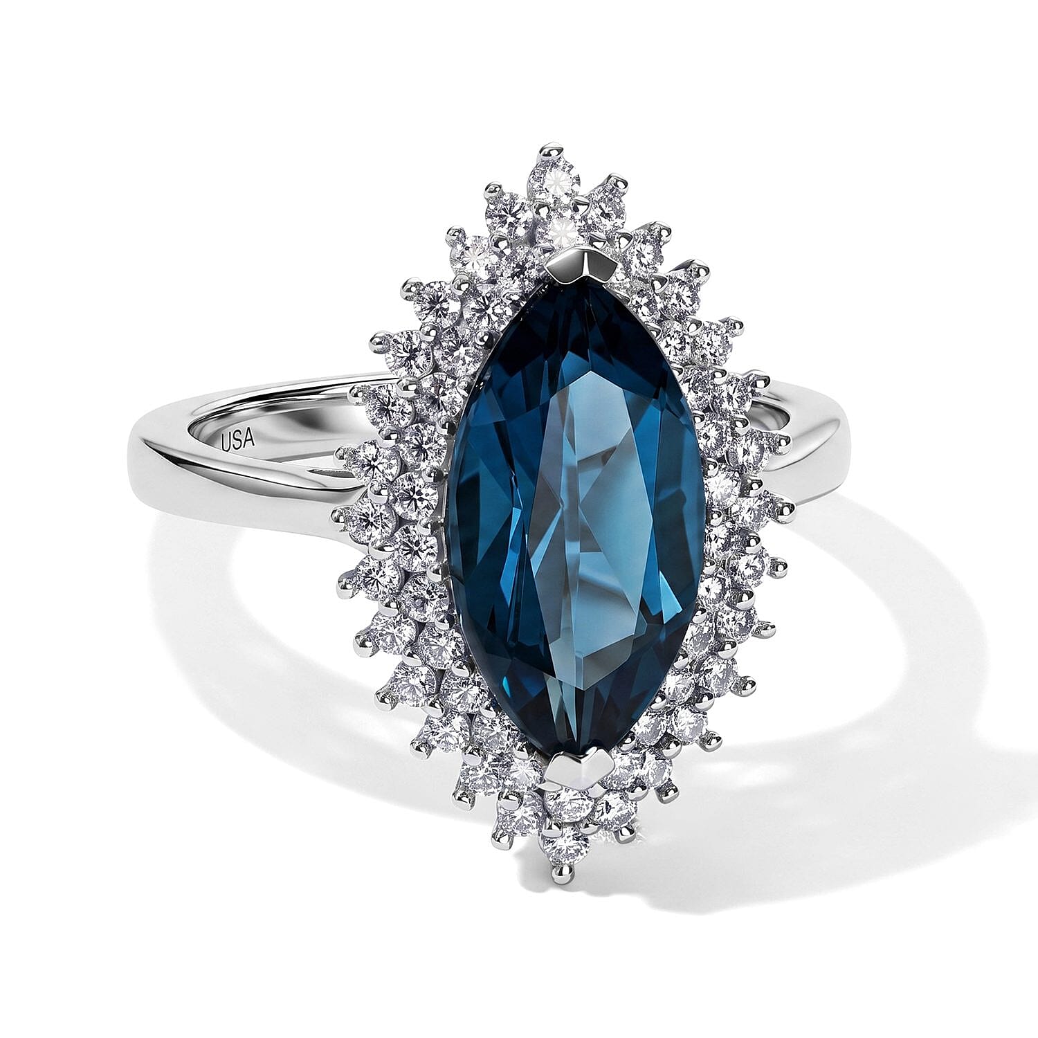 D'Joy London Blue Topaz and Moissanite 3.80 ctw Marquee Halo Ring in Rhodium Over Sterling Silver (Size 7.0)