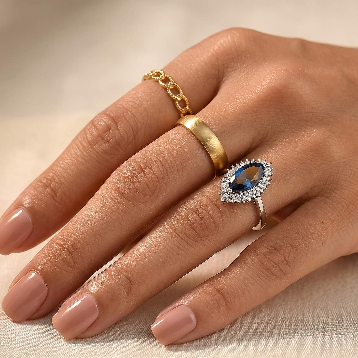 D'Joy London Blue Topaz and Moissanite 3.80 ctw Marquee Halo Ring in Rhodium Over Sterling Silver (Size 7.0)