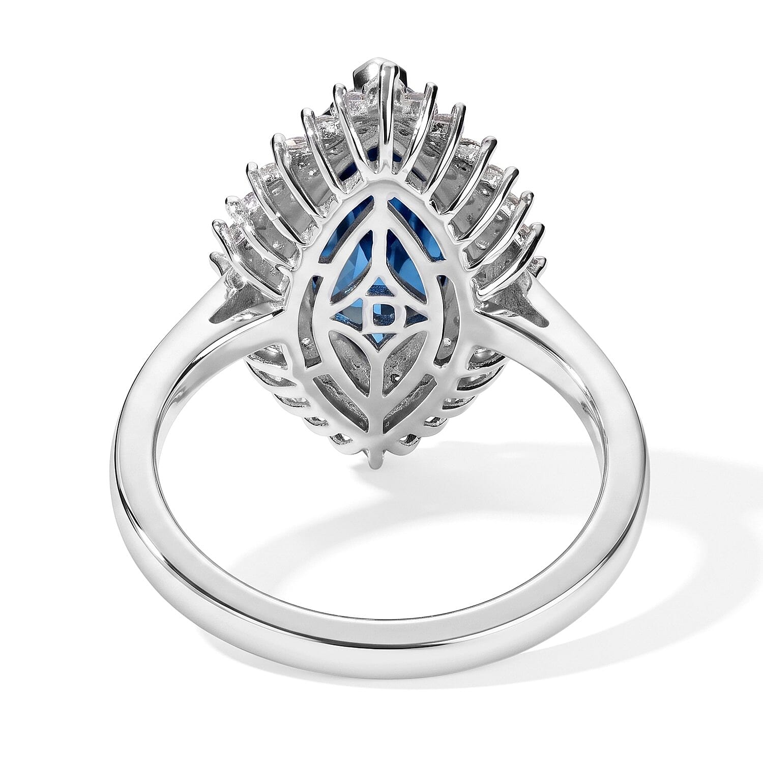 D'Joy London Blue Topaz and Moissanite 3.80 ctw Marquee Halo Ring in Rhodium Over Sterling Silver (Size 7.0)