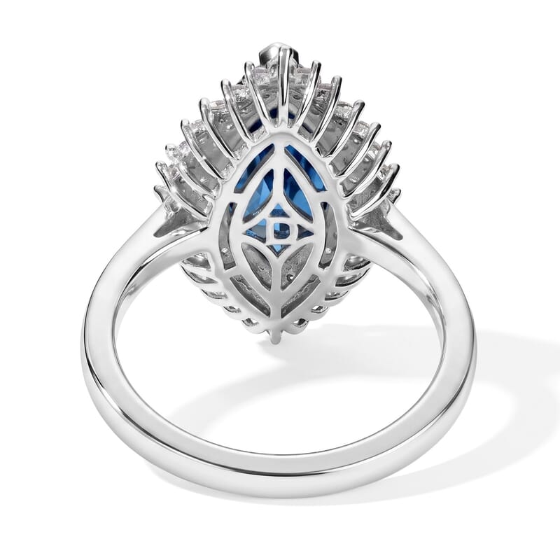 D'Joy London Blue Topaz and Moissanite 3.80 ctw Marquee Halo Ring in Rhodium Over Sterling Silver (Size 7.0)