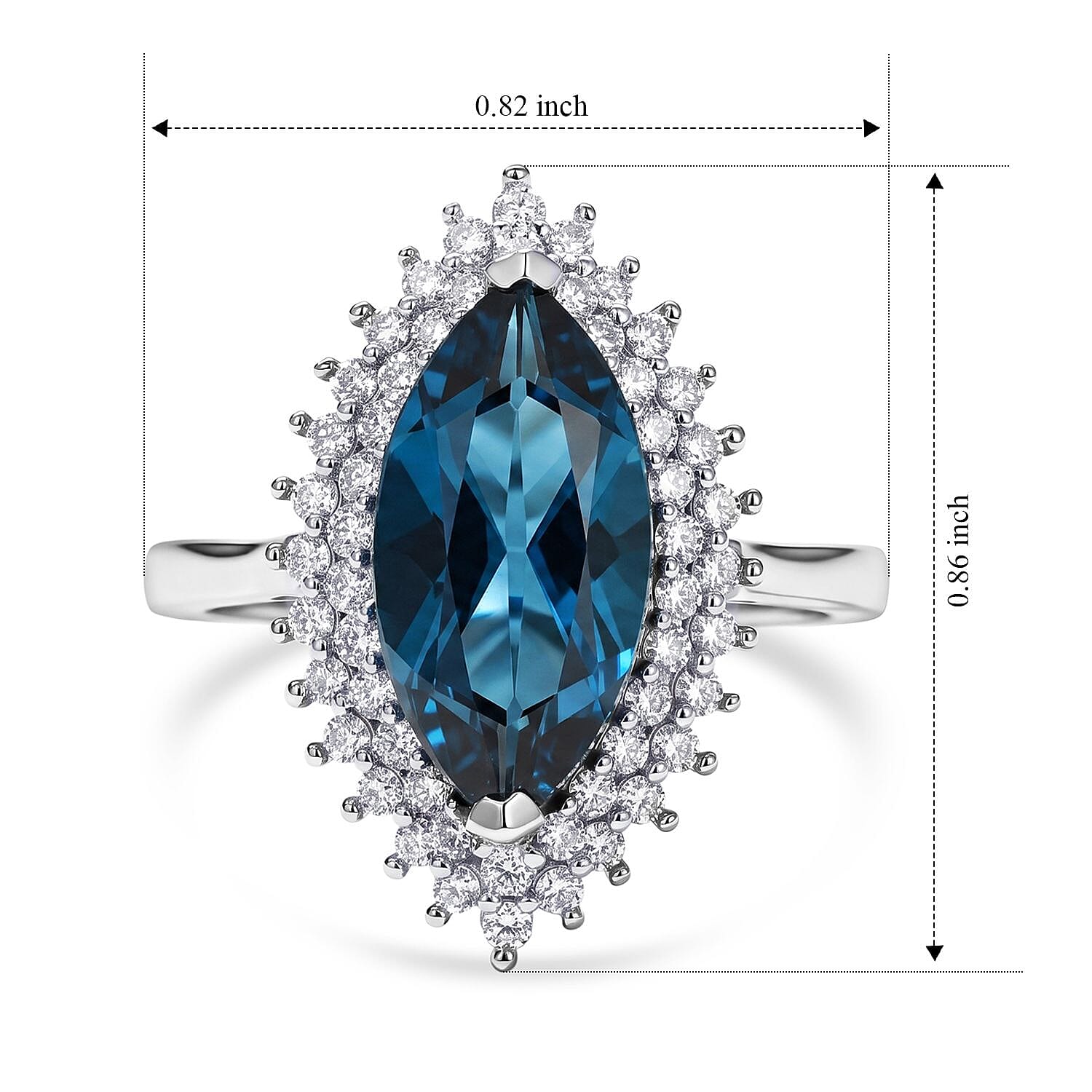 D'Joy London Blue Topaz and Moissanite 3.80 ctw Marquee Halo Ring in Rhodium Over Sterling Silver (Size 7.0)