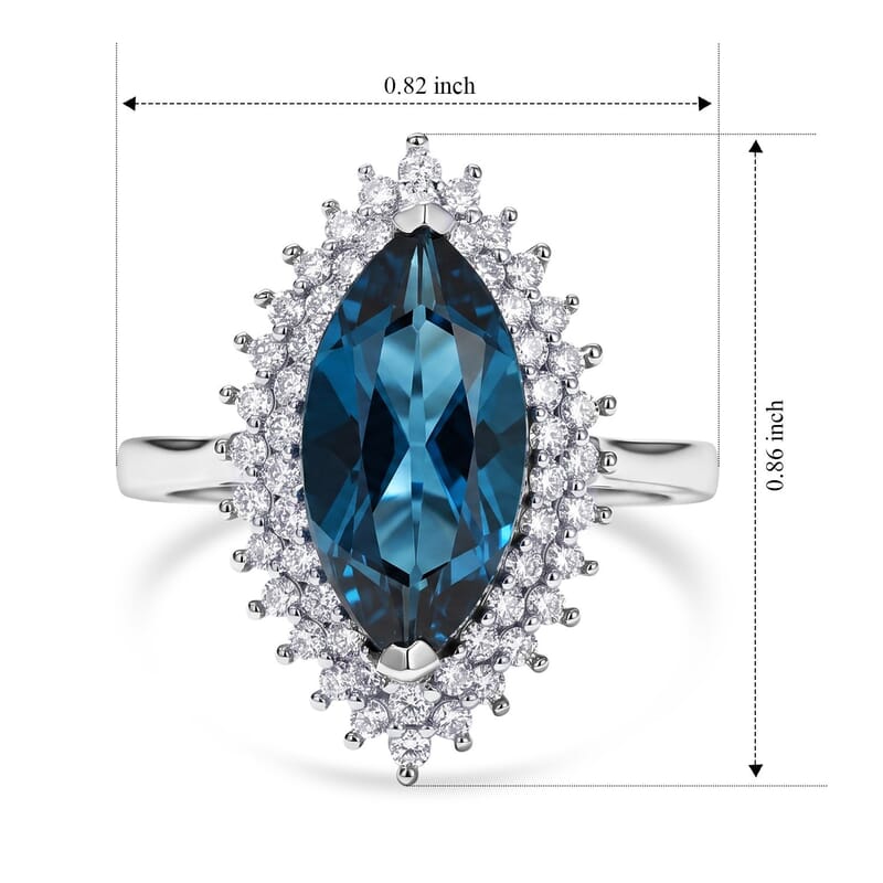 D'Joy London Blue Topaz and Moissanite 3.80 ctw Marquee Halo Ring in Rhodium Over Sterling Silver (Size 7.0)