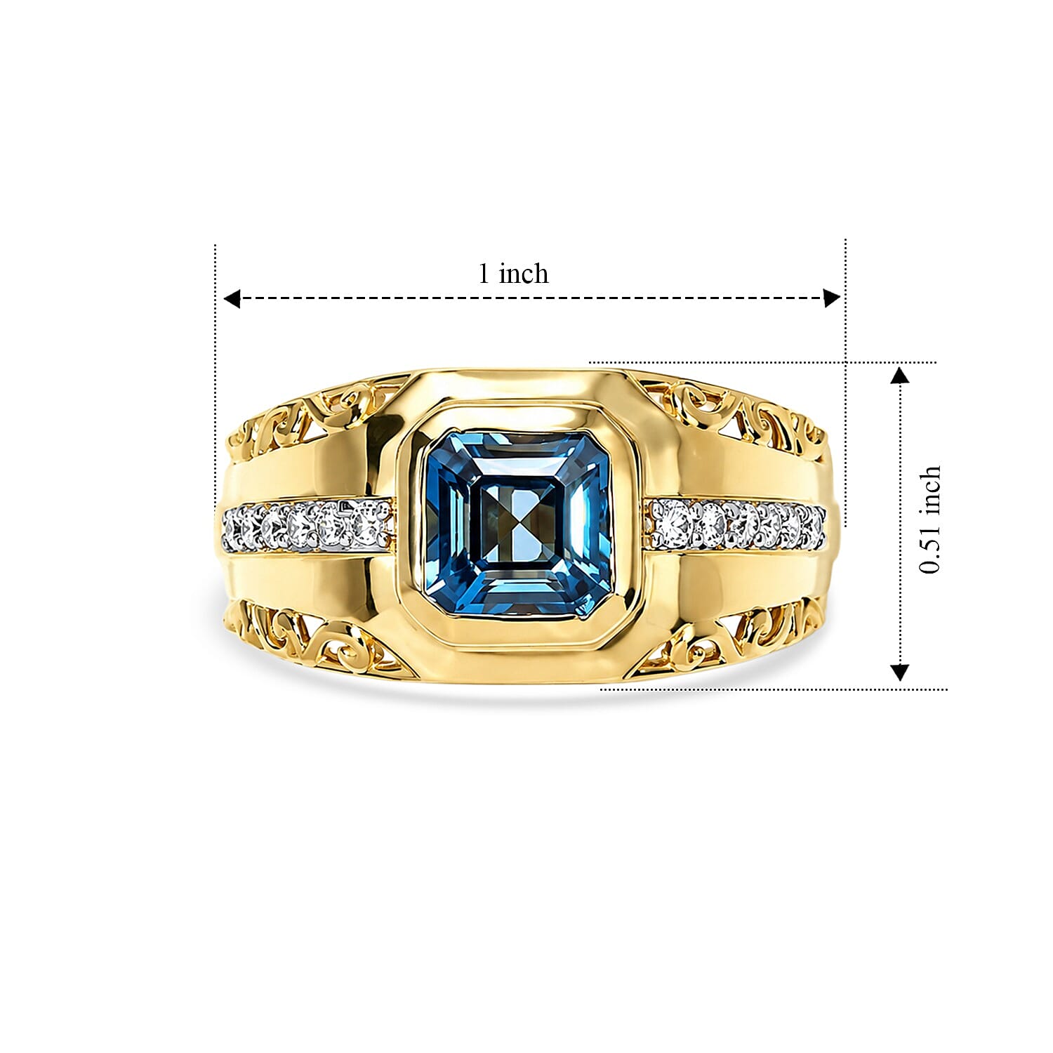 D'Joy Asscher Cut London Blue Topaz and Moissanite 2.30 ctw Men's Ring in 18K Vermeil Yellow Gold Over Sterling Silver (Size 10.0)