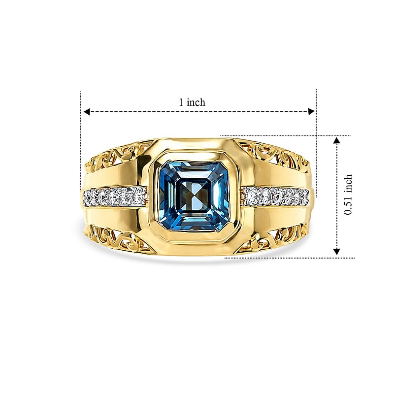 D'Joy Asscher Cut London Blue Topaz and Moissanite 2.30 ctw Men's Ring in 18K Vermeil Yellow Gold Over Sterling Silver (Size 10.0)