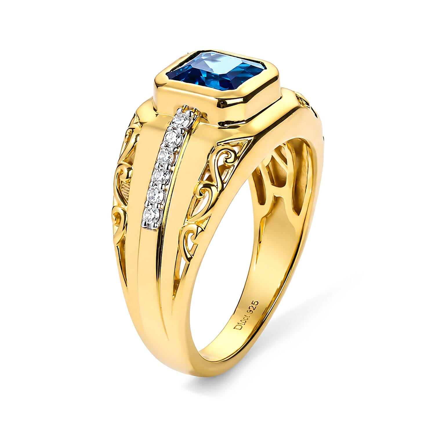 D'Joy Asscher Cut London Blue Topaz and Moissanite 2.30 ctw Men's Ring in 18K Vermeil Yellow Gold Over Sterling Silver (Size 10.0)