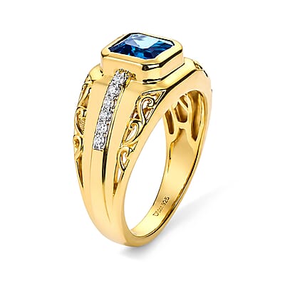D'Joy Asscher Cut London Blue Topaz and Moissanite 2.30 ctw Men's Ring in 18K Vermeil Yellow Gold Over Sterling Silver (Size 10.0)