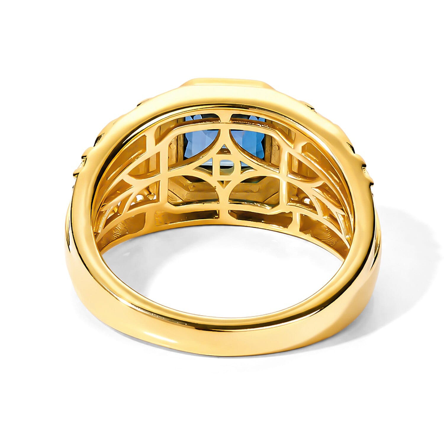 D'Joy Asscher Cut London Blue Topaz and Moissanite 2.30 ctw Men's Ring in 18K Vermeil Yellow Gold Over Sterling Silver (Size 10.0)