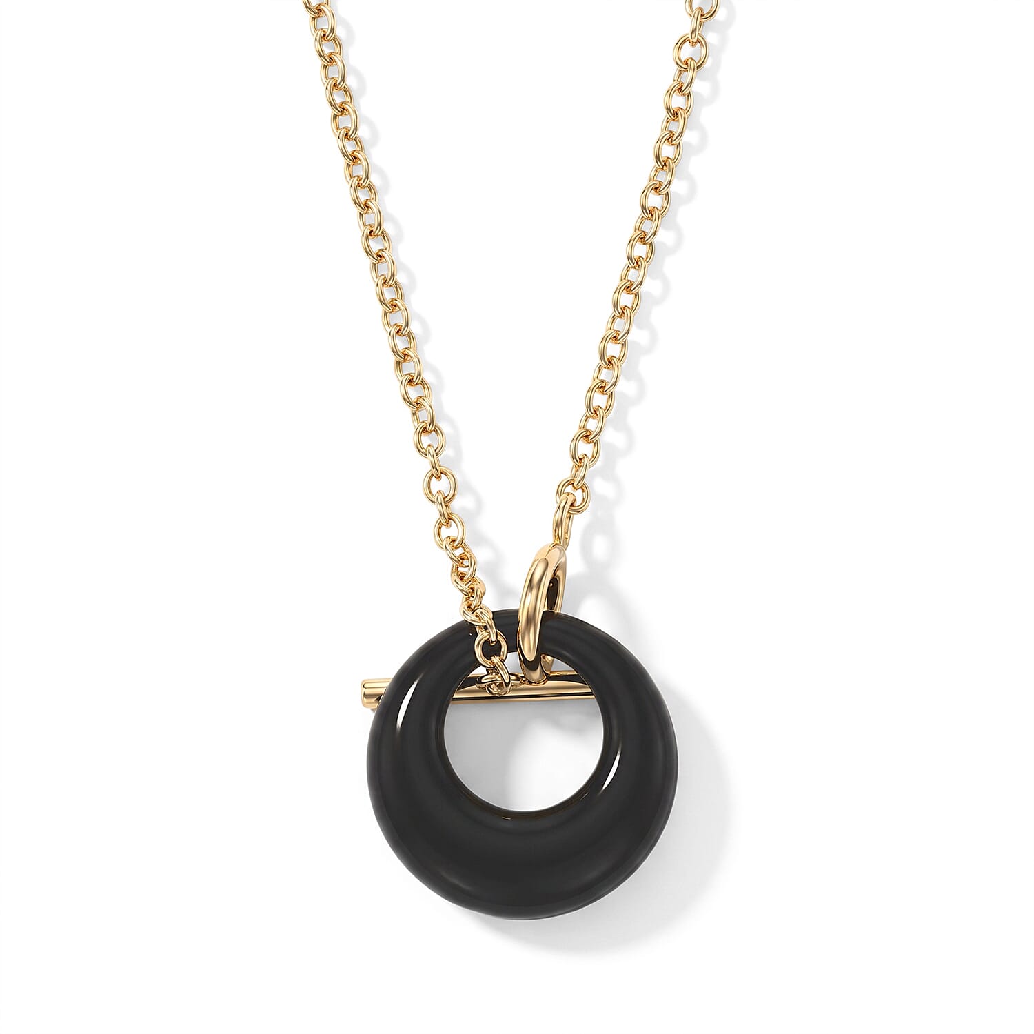 Black Obsidian 15.00 ctw Round Donut Pendant Necklace in Goldtone 18 Inches