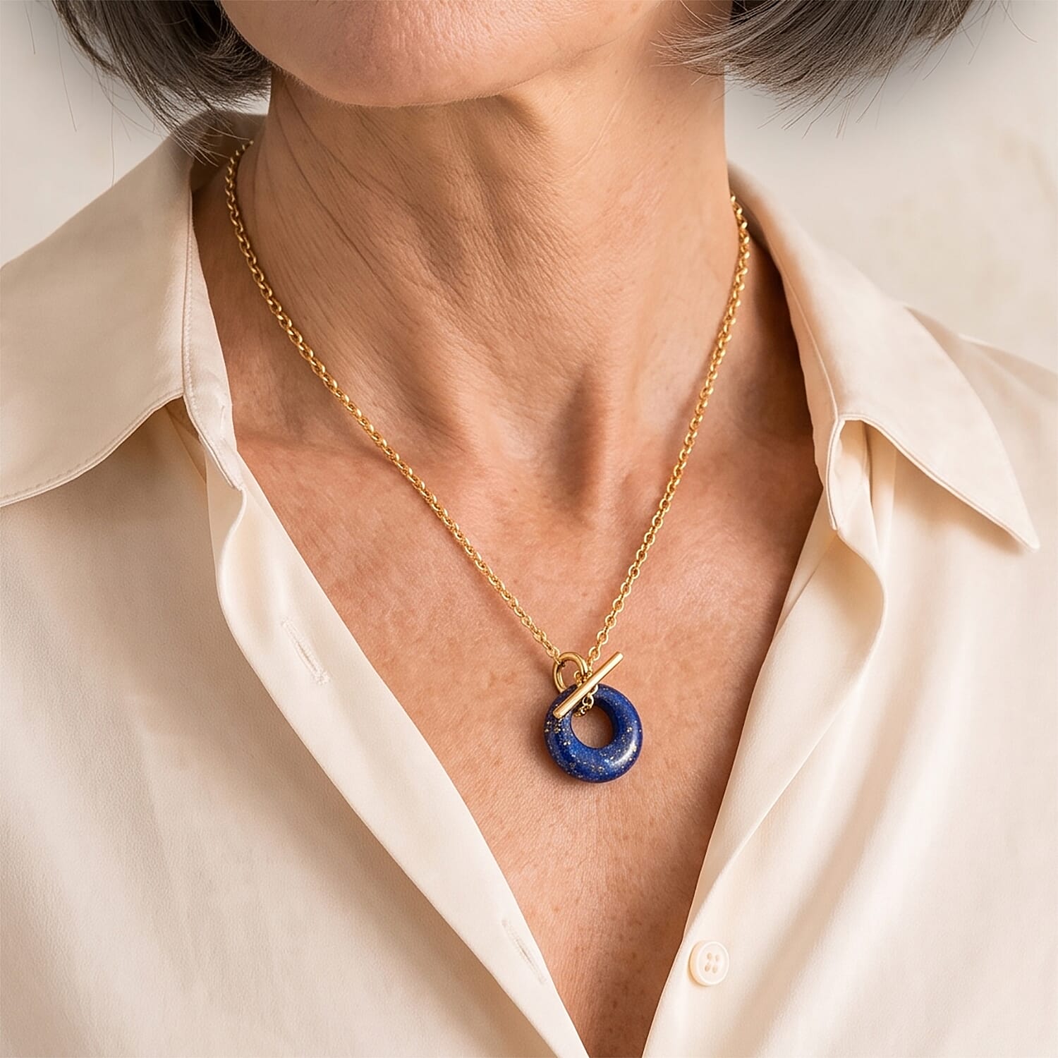 Lapis Lazuli 18.00 ctw Round Donut Pendant Necklace in Goldtone 18 Inches