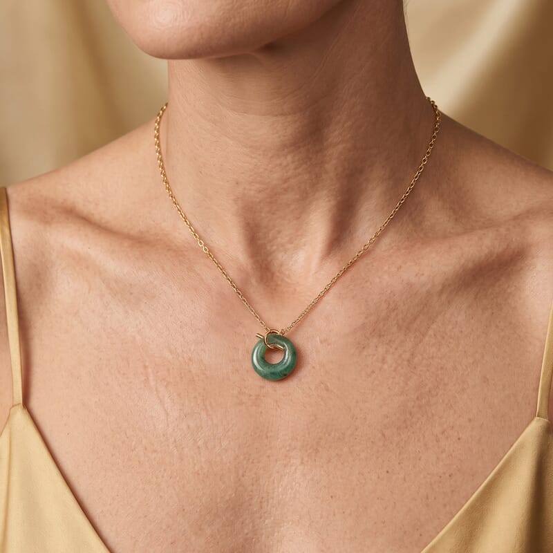 Green Aventurine 15.00 ctw Round Donut Pendant Necklace in Goldtone 18 Inches