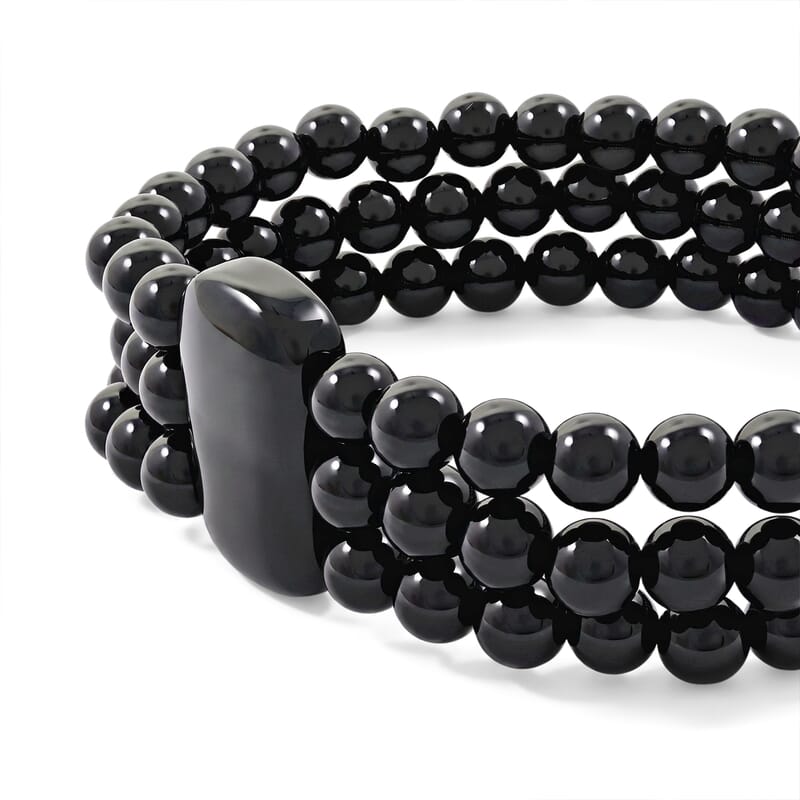 Black Obsidian 170.00 ctw 3 Row Beaded Stretch Bracelet (7.50-8.00In)